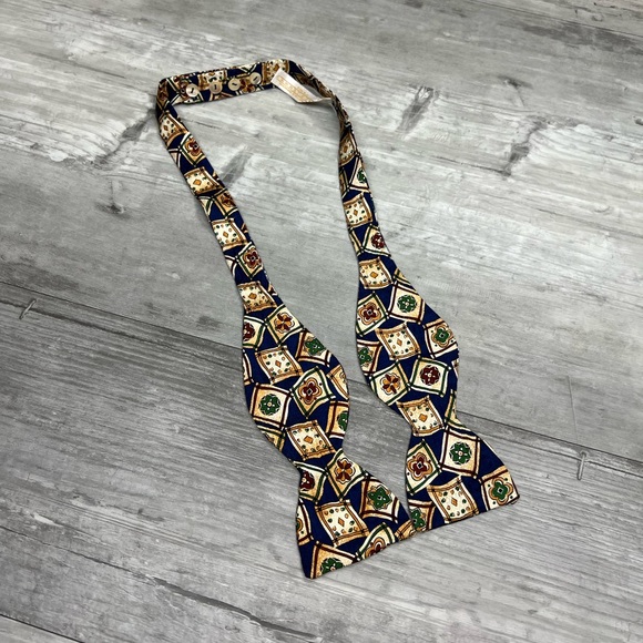 Carrot & Gibbs Navy, Green, Gold & Red Pattern Silk Bowtie - Picture 1 of 5
